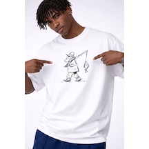 Yolo Street Oversize Beyaz Tişört %100 Pamuk Minimal Balıkçı Çizim Baskılı Unisex Streetwear Beyaz