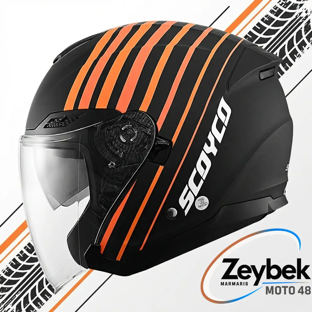 Track Yarım Kask - Güneş Vizörlü Intercom Uyumlu Mat Siyah Dot & Ce Onaylı Beyaz - Siyah - Turuncu