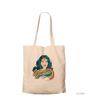 Wonder Woman Cartoon Krem Fermuarlı Bez Çanta Gabardin