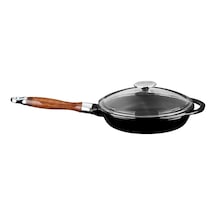 Lava Döküm Kızartma Tavası Ahşap Kulplu Cam Kapaklı Siyah 28cm
