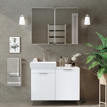 Dubai Sepetli Mdflam Banyo Dolabı, Lavabolu Banyo Alt Dolabı + Aynalı Banyo Üst Dolabı Takımı Beyaz