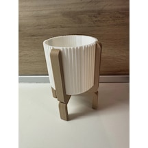 3d Baskı Ayaklı Çizgili Saksı - Bej Standlı Dekoratif Saksı - Beyaz Diğer