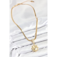 316l Çelik Zirkon Taşlı Güneş Model Gold Renk Kadın Kolye Renkli