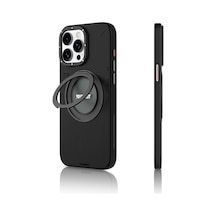 iPhone Uyumlu 15 Pro Max Kılıf Magsafe Özellikli 360 Standlı Deri Desenli Youngkit Tech Leather Seri Siyah Siyah