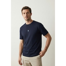 Elemge Pamuk Compact Penye Süprem Yunus Nakışlı Trend Fit Erkek Tok Kumaş T-shirt Rahat Kesim Lacivert 2XL