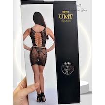 Intive Lingerie Intive Önü Ve Yanları Fileli Dantel Desenli Mini Çorap Elbise Siyah
