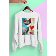 Magors Stıl-x Sevimli Kediler Baskılı Unısex Bisiklet Yaka Oversize Sweatshırt Beyaz-1
