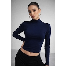 Wild Bee Kadın Lacivert Yarım Balıkçı Yaka Uzun Kollu Bluz
