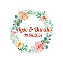 Yuvarlak Geyik Boynuzlu Çiçek Etiketi Kına Nişan Düğün 3x3 Cm Özel Etiket / 50 Adet Sticker Beyaz