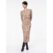 Koton Slim Fit Yırtmaçlı Uzun Kollu Bisiklet Yaka Zebra Desenli Drapeli Elbise Bej Desenli 6wak80262ek Ekru