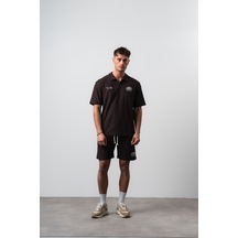 Erkek 242 Nakışlı Regular Fit T-shirt Şort Takım Kahve Kahverengi