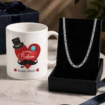 Bk Gift Kişiye Özel Babalar Günü Tasarımlı Beyaz Kupa & Figaro Zincir Kolye -1, Babalar Günü Hediyesi Gümüş