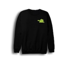 Android Robot Baskılı Bisiklet Yaka Sweatshirt Siyah