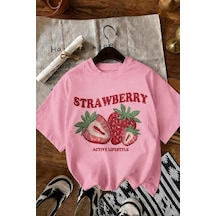 Strawberry Active Lifestyle Bisiklet Yaka Eskitme Baskılı Rahat Kesim Tişört Pembe