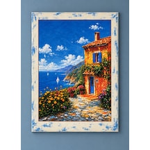 Akdeniz Esintisi Beyaz Eskitme Çerçeve Desenli Deniz Manzaralı Dekoratif Ahşap Tablo 52 X 72 Cm