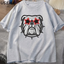 Flood Of Style Futbol Bulldogs T-shirt Erkekler Moda Köpek Kısa Kollu Baskılı Tshirt Pamuk Yuvarlak Boyun Kı Gri