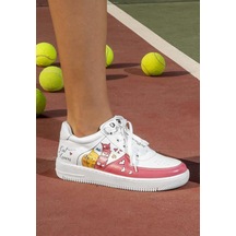 Kadın Vegan Deri Beyaz Sneakers - Cat Lovers Tasarım Çok Renkli