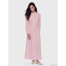 Lcw Modest Pembe Çizgili Kuşaklı Gömlek Elbise