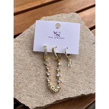 Ysx Jewelry Altın Taşlı Zincir Üçlü Küpe Seti Çok Renkli