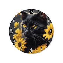 Kara Kedi Ve Sarı Çiçekler Dekoratif Duvar Saati Ahşap