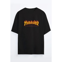 Tarzsokak Beyaz Trasher Baskılı Unisex Ovesize T-shirt Siyah