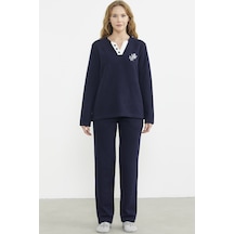 Sementa Fitilli Yaka Detaylı Pijama Takım - Lacivert Lacivert