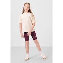 Tommylife Ekru-bordo Pamuklu O Yaka Standart Fit Baskılı Kız Çocuk Tayt Takım - 75190 Ekru