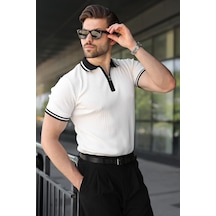 Madmext Beyaz Yarım Fermuarlı Polo Yaka Triko Erkek Tişört E7501