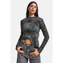 it's basic Kadın Antrasit Gri W5 Asimetrik Kesim Drop Detaylı Özel Tasarım Crop Top