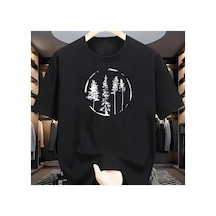 Caddemia Yaz Moda Rahat Gevşek Orman Ağacı Desen Baskılı Spor Yuvarlak Boyun Kısa Kol Siyah 2XL
