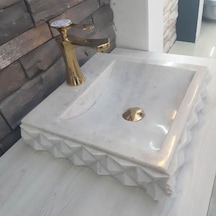 Beyaz Mermer Piramit Dizayn Kare Lavabo - Batarya Çıkışlı