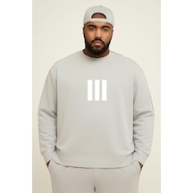 Benroma 3 İplik Penye 3 Çizgi Baskılı Büyük Beden Unisex Sweatshırt Gri