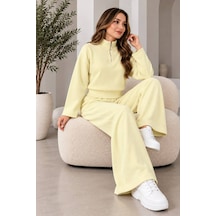 Aymiraa Kadın Triko İkili Takım Fermuarlı Sweatshirt Geniş Paça Pantolon Salaş Oversize Rahat Günlük Takım Sarı Sarı