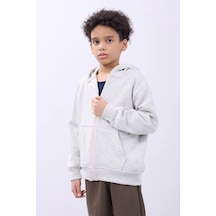Erkek Çocuk Kapüşonlu Kanguru Cepli Tam Fermuarlı Hırka Sweatshirt - Gri