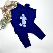 3-4-5 Yaş Kapşonlu Payetli Mickey Desenli Kısa Kol 2li Kız Erkek Çocuk Takımı 001
