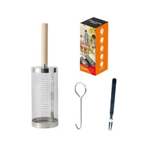 Teltree 304 Paslanmaz Çelik Kaydırmalı Mangal Sepeti, Dışarıda Bbq İçin Ahşap Saplı, Dengeli Pişirme, Çelik Çatal Ve Kanca İle Gümüş