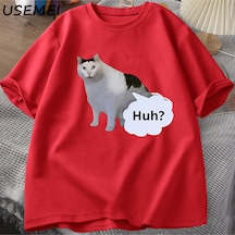 Flood Of Style Huh Kedi Komik Meme T Shirt Erkek Kadın Absurd Weirdcore T-shirt Rahat Yuvarlak Boyun Pamuk K Kırmızı