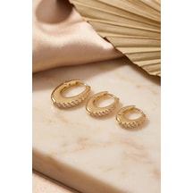 Gold Renk Oval Halka Model Zirkon Taşlı 3 Lü Küpe Set Çok Renkli