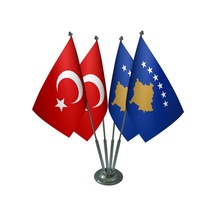 Masa Üstü Kosova Bayrağı Türk Bayrağı Dörtlü Krom Direk Masa Bayr