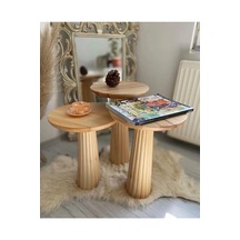Wood Ahşap 3 Lü Set Fitilli Mantar Yan Sehpa Modern Fiskos
