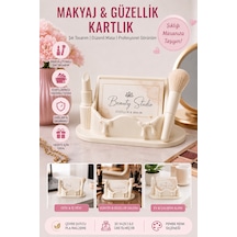 Makyaj Temalı Kartvizitlik Ruj Ve Fırça Detaylı 3d Baskı Masaüstü Kartlık - Krem