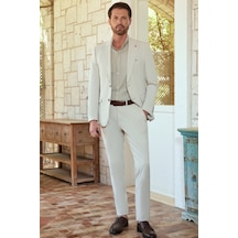 İmza Kendinden Desenli Mono Yaka 6 Drop Slim Fit Takım Elbise 1001260162 Bej