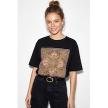 Shade Kadın Etnik Desenli Boncuk İşlemeli Baskı Detaylı Oversize T-shirt 2128 60286123 - Siyah