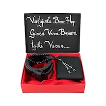 Carlino Hediye Set Erkek Siyah Deri Kemer Cüzdan Harfli Tesbih Siyah
