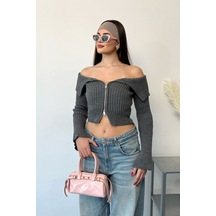 Jee Lee Kadın Madonna Yaka Fermuarlı Hırka Antrasit- 27k 2603