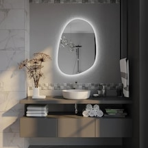 70x101 Cm Asimetrik Oval Led Banyo Aynası Dokunmatik Dim Edilebilir, 6500k Beyaz Işık Beyaz