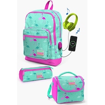Coral High Kids Su Yeşili Neon Pembe Flamingo Desenli Usb'li 3 Lü Okul Çanta Seti Set0123275