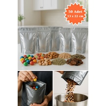 Kilitli Alüminyum Doypack Kahve Kuruyemiş Bakliyat Kedi Köpek Kuş Yemi Saklama Torbası 13x22 Cm 50li