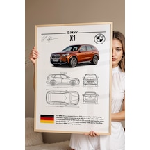 Bmw X1 Tablo - Teknik Özellikli Alman Lüks Suv Poster - Çerçeveli Duvar Dekoru - Araba Blueprint Kayın