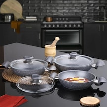 Oms Bio Granit 6 Parça Kapaklı Sahan Seti Gri Yapışmaz Biogranit 18-20-22 Cm Gri